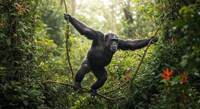 Fototapeta Chimpanzee balancing on branch in jungle