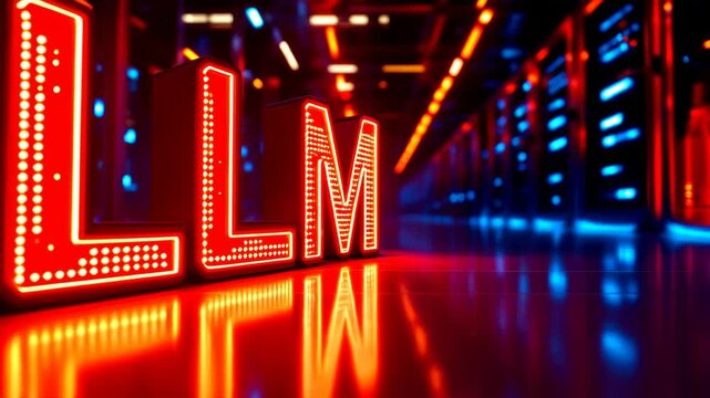 Large language model glowing red neon letters futuristic server data center, artificial intelligence technology innovation, digital network