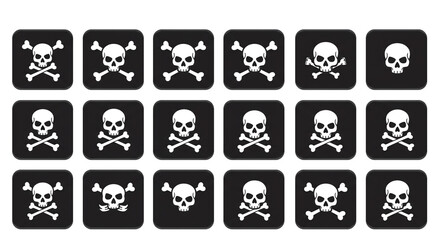 Skull and crossbones in multiple variations against a black background representing mortality and