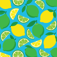 Obraz premium Seamless lemon and lime pattern on a vibrant blue background