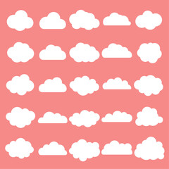 Big collection of simple flat white cloud icons on pink background. Cute weather cloud clipart set.