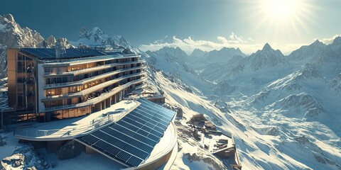 Massive Solar Panel Array on Alpine Hotel Roof: Sustainable Energy Meets Snowy Mountain Grandeur. Aerial Wide-Angle Capture of Renewable Power Generation Amidst Nature's Majestic Backdrop. Innovative 