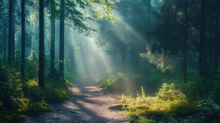 Obraz premium Sunlight streaming through trees along a serene forest path in early morning