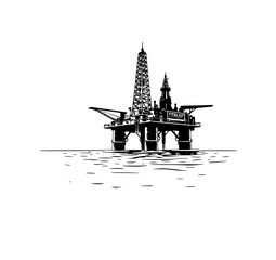 Offshore Oil Rig Silhouette: A striking black and white illustration of an offshore oil rig standing tall against the waves, symbolizing industrial strength and the complexities of energy extraction.