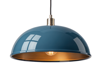 Modern blue pendant lamp with vintage-style light bulb and gold accents