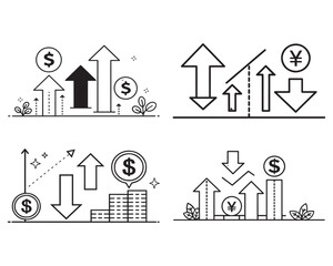 Fototapeta premium Dollar rate increase vector icon set. Rise cost vector illustration. Business money increase vector signs set