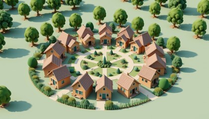 Fototapeta premium Lending dwelling concept. Colorful village layout with houses arranged in a circular pattern surrounded by trees.