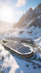 Massive Solar Panel Array on Alpine Hotel Roof: Sustainable Energy Meets Snowy Mountain Grandeur. Aerial Wide-Angle Capture of Renewable Power Generation Amidst Nature's Majestic Backdrop. Innovative 