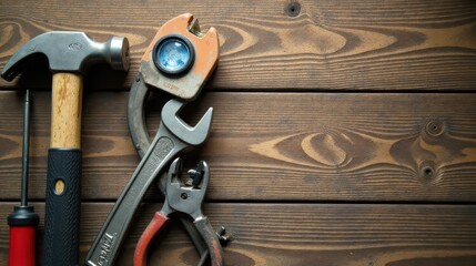A collection of essential hand tools rests on a rustic wooden surface, showcasing a hammer, wrench, pliers, and screwdriver, ready for any task.