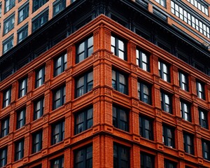Fototapeta premium A close-up view of a historic red brick building with many windows and detailed architectural features.