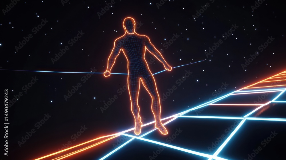 Poster digital figure on glowing path in space