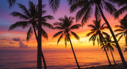 Vibrant Sunset Over Tropical Beach with Silhouetted Palm Trees