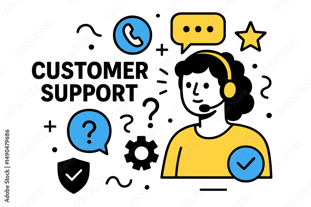 Poster vector illustration of customer support operator assisting clients online with tools and communicati