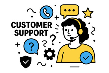 Vector illustration of customer support operator assisting clients online with tools and communication icons