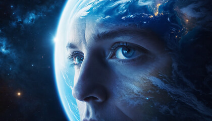 Image of a human face superimposed on the Earth in space, Science fiction concept, generative AI.