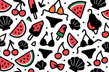 Summer vector illustration featuring playful patterns of fruit, swimwear, and summer treats in vibrant colors