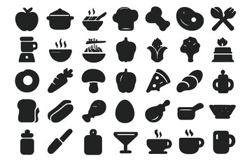 Black and white vector illustration featuring various food items and kitchen utensils arranged in a creative pattern
