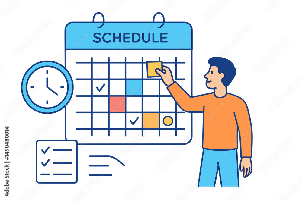 Poster vector illustration of a person organizing a schedule on a calendar while checking off tasks with a 
