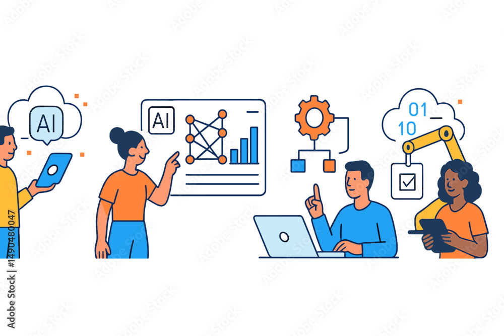 Poster vector illustration showcasing a diverse group of people collaborating on artificial intelligence an