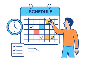 Vector illustration of a person organizing a schedule on a calendar while checking off tasks with a clock in the background