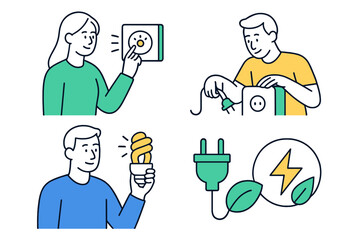 Vector illustration depicting activities related to technology and energy conservation during a sunny day