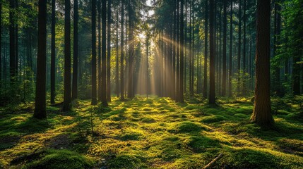 Fototapeta premium Sunbeams Filtering Through a Lush Forest