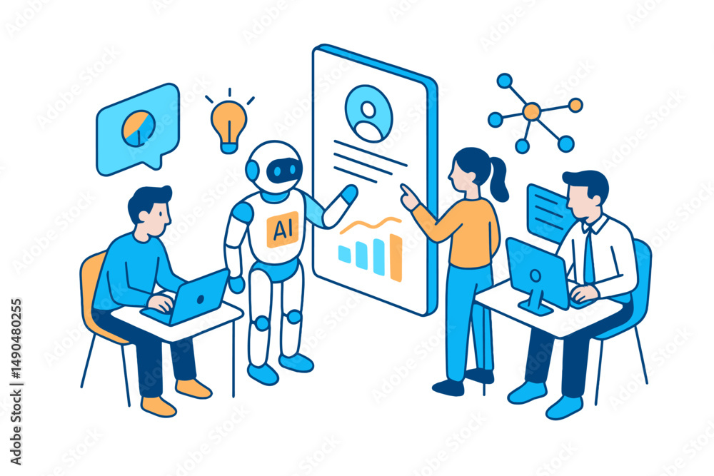 Poster collaboration between people and robot in a modern workspace focused on artificial intelligence and 