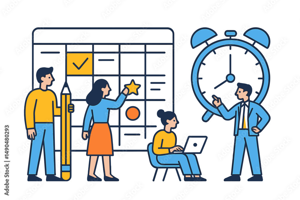 Poster team working together to manage project deadlines with tasks and time tracking in a modern office en