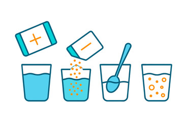 Steps for preparing a refreshing fizzy drink with powdered mix and water in a simple vector illustration
