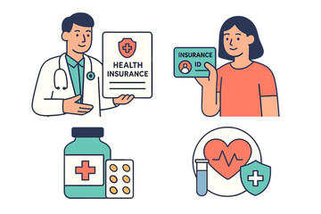 Vector illustration of healthcare worker and patient discussing health insurance and medical supplies