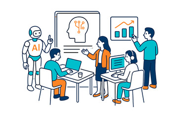 Team collaborating on artificial intelligence concepts with a robot guiding the discussion in a modern workspace