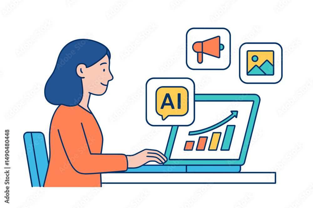 Poster vector illustration of a woman using a laptop to analyze data and explore ai technology with various