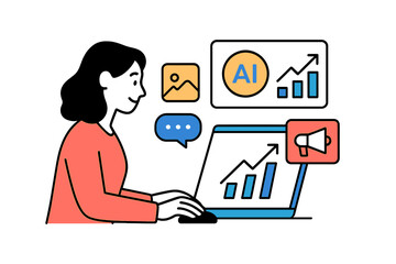 Vector illustration of a woman analyzing data on a laptop while engaging in conversation about AI trends and photography analysis