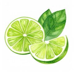Juicy Lime Watercolor: Slices and Leaves, Vibrant Green