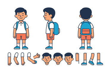Character design of a young boy with a backpack in vector illustration style showcasing different poses and expressions