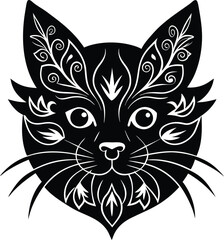 Obraz premium Decorative black cat head silhouette with floral accents elegant vector illustration for design purposes