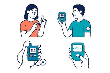 Vector illustration depicting two individuals monitoring health with glucose meters in a modern healthcare setting