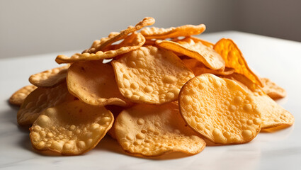 Detailed image of freshly cooked potato chips, glistening slightly with oil, their crispy, bubbled surfaces catching the light for a mouthwatering visual.