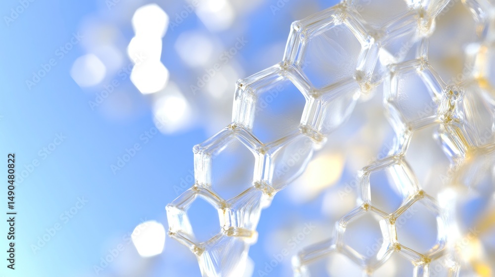 Poster abstract hexagonal crystalline structure against a light blue sky. detailed view of interconnected t