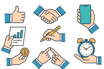 Business collaboration and communication illustrated in vector graphics featuring various activities and tools