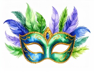 Ornate Venetian Mask: A Watercolor Masterpiece of Green, Blue, and Gold