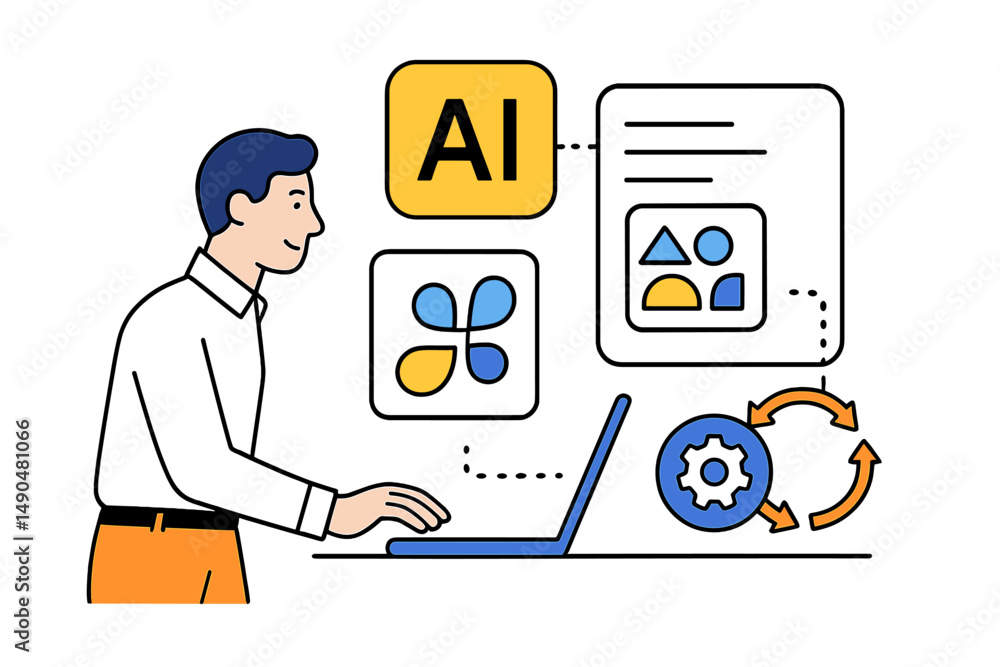 Poster vector illustration of a person working with ai tools on a laptop for creative projects and automati