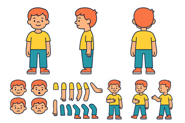 Vector illustration of a cheerful boy character with various poses and expressions for storytelling and animation purposes