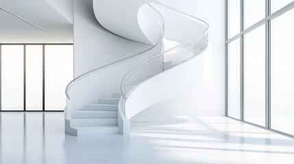 Obraz premium Modern white spiral staircase in a bright, minimalist interior