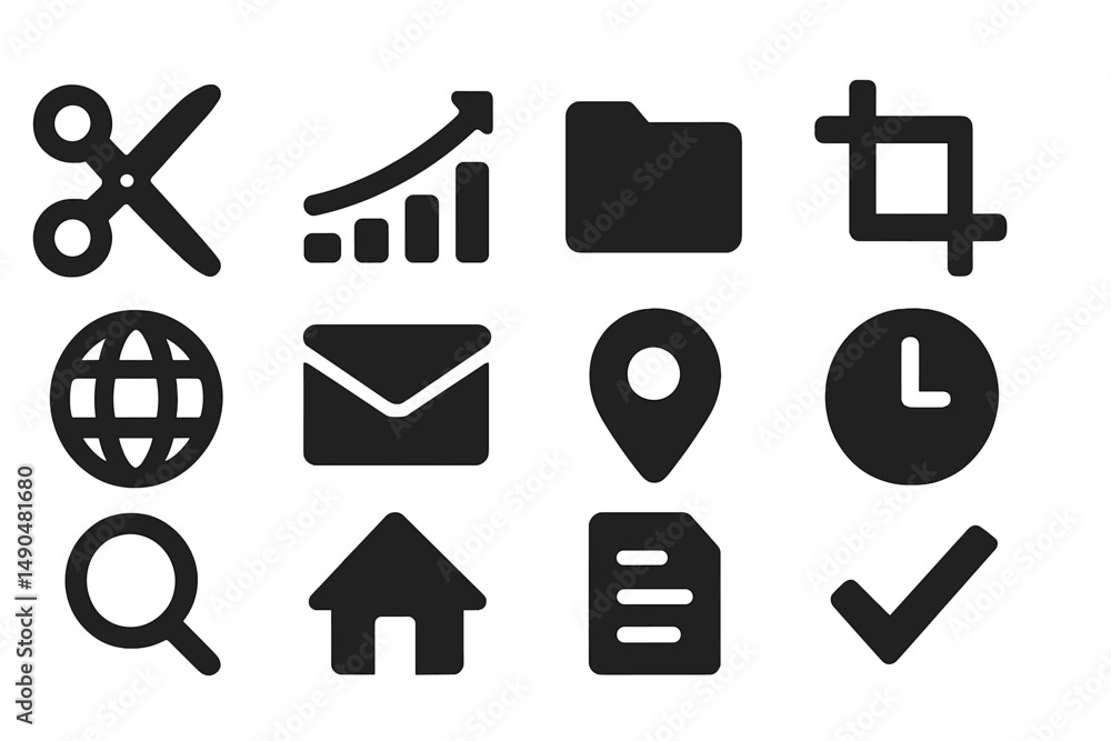 Poster vector illustration of business and technology icons showing various elements like scissors, graphs,