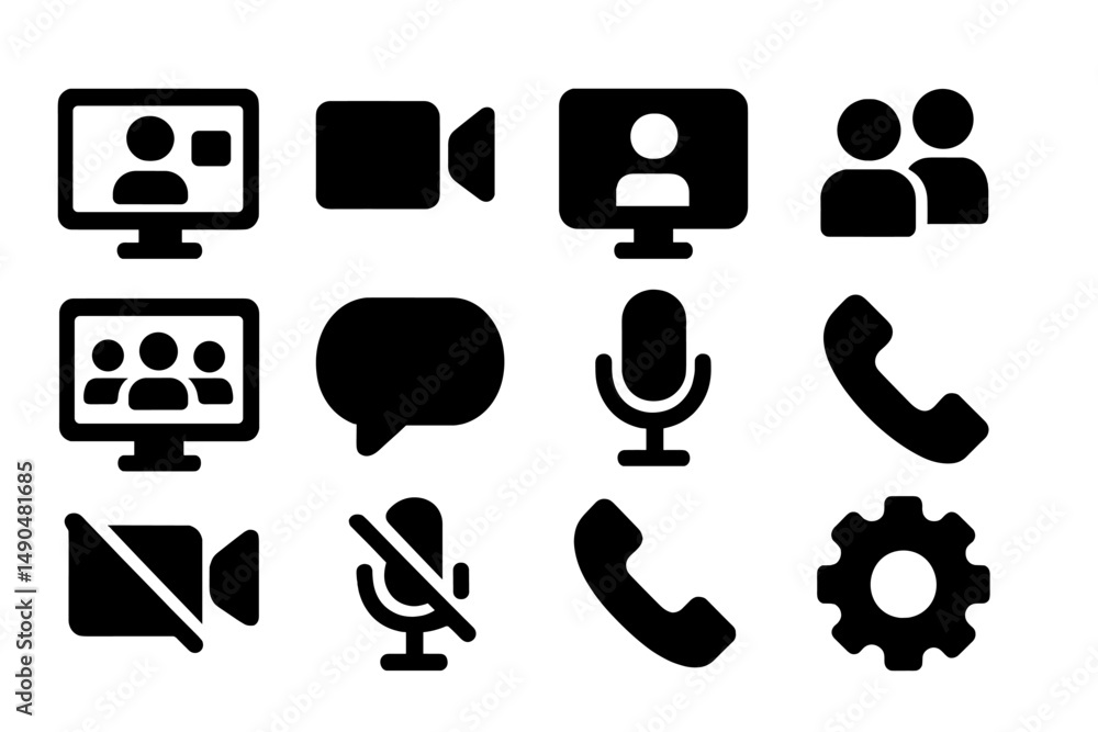 Poster collection of vector icons representing digital communication tools for online meetings and calls