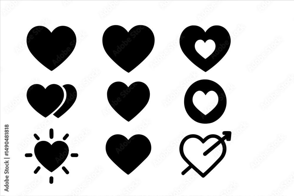 Poster vector illustration of various heart shapes in different designs and arrangements, suitable for roma