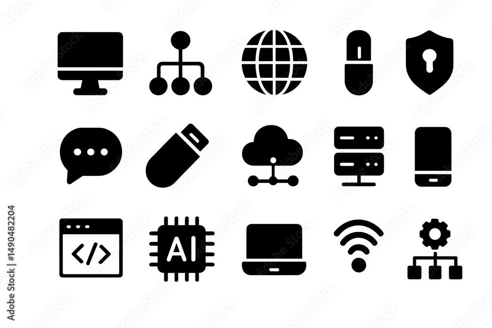 Poster digital technology vector illustration featuring various icons symbolizing computer networks, data s