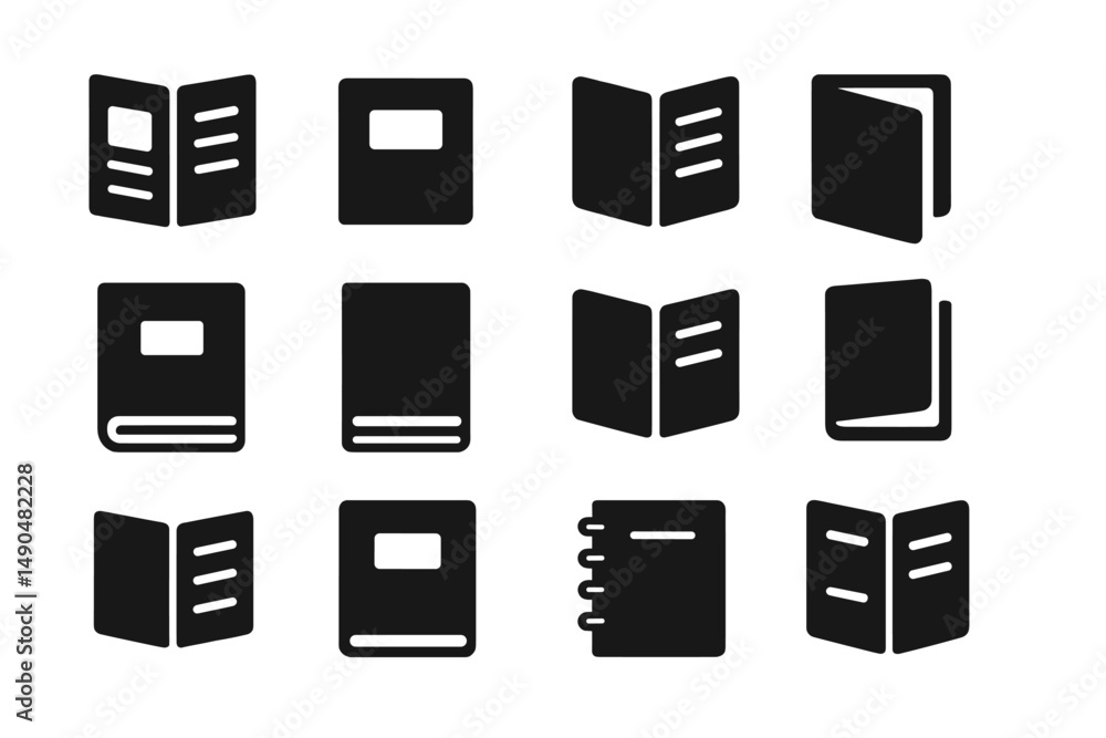 Poster collection of vector illustrations showcasing various book types and designs in a minimalist style