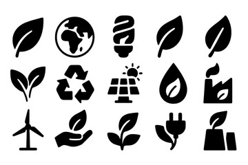 Vector illustration of environmental symbols representing sustainability, renewable energy, and eco-friendliness